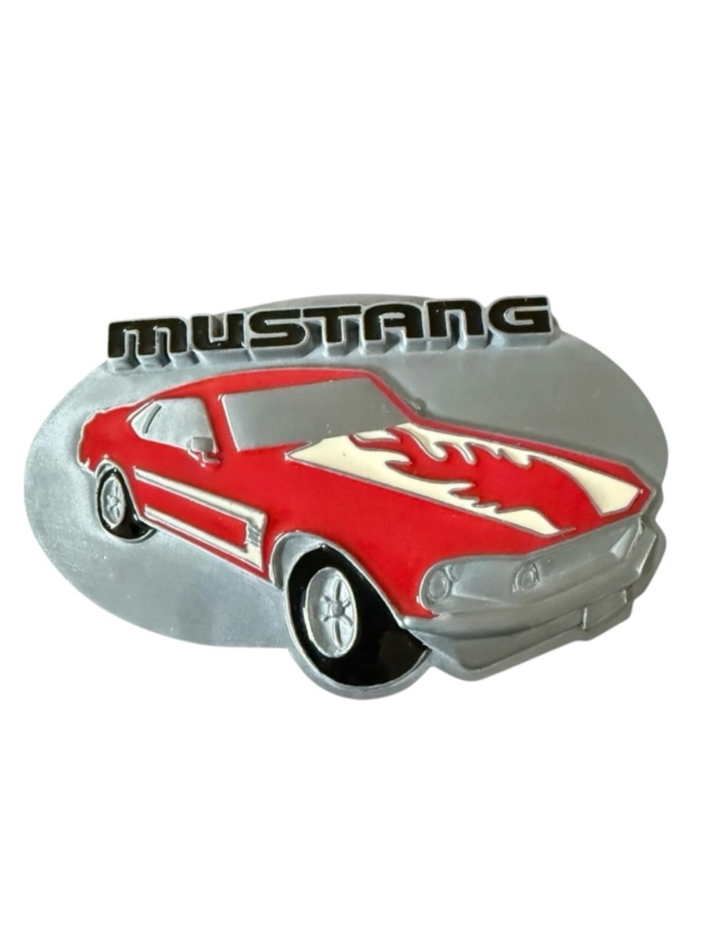 Vintage Ford Mustang Belt Buckle Pewter Red Enamel SISKIYOU Collectible